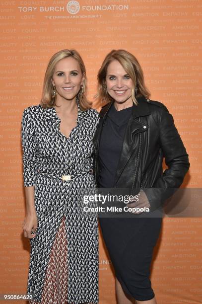 Tory Burch and Katie Couric pose during The Tory Burch Foundation 2018 Embrace Ambition Summit at Alice Tully Hall on April 24, 2018 in New York City.