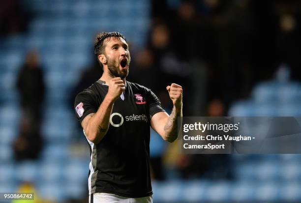 Lincoln City's Ollie Palmer celebrates at the end of the Sky Bet League Two match between Coventry City and Lincoln City at Ricoh Arena on March 3,...