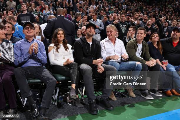 Aaron Rodgers enjoys Game Three of Round One of the 2018 NBA Playoffs between the Boston Celtics and Milwaukee Bucks on April 20, 2018 at the BMO...