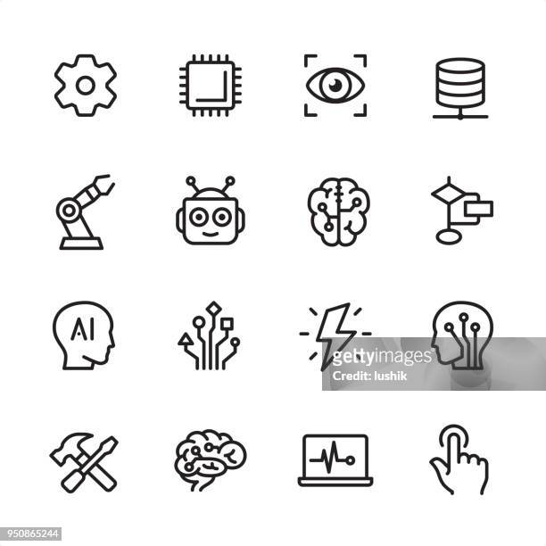 illustrazioni stock, clip art, cartoni animati e icone di tendenza di intelligenza artificiale - set di icone del contorno - chip del computer