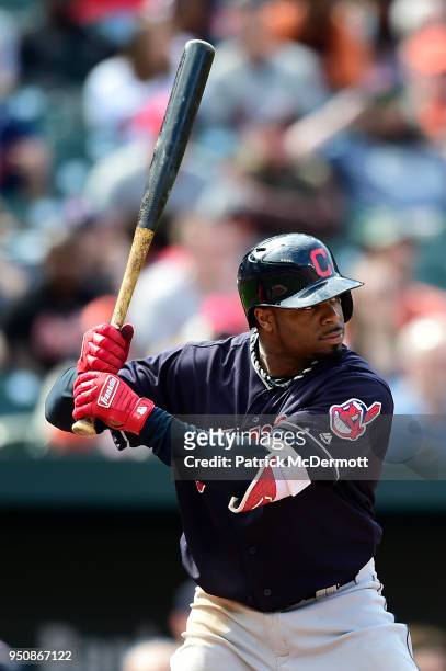 Rajai Davis of the Cleveland Indians bats in the eighth inning against the Baltimore Orioles at Oriole Park at Camden Yards on April 22, 2018 in...