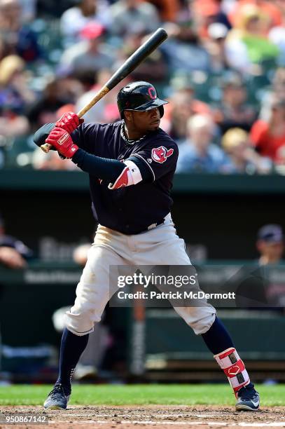 Rajai Davis of the Cleveland Indians bats in the eighth inning against the Baltimore Orioles at Oriole Park at Camden Yards on April 22, 2018 in...