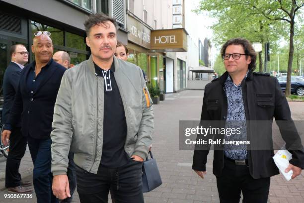 David LaChappelle and his galerist Dirk Geuer attend the 'LACHAPELLE - Negative Currency' Exhibition Opening at Geuer und Geuer on April 24, 2018 in...