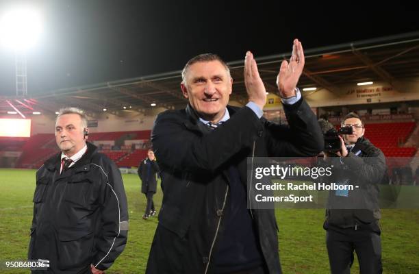 Blackburn Rovers Manager Tony Mowbray celebrates during the Sky Bet League One match between Doncaster Rovers and Blackburn Rovers at Keepmoat...