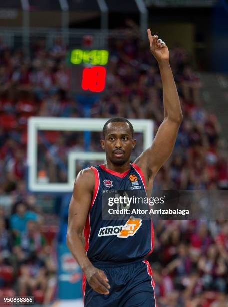 Rodrigue Beaubois, #10 of Kirolbet Baskonia Vitoria Gasteiz reacts during the Turkish Airlines Euroleague Play Offs Game 3 between Kirolbet Baskonia...