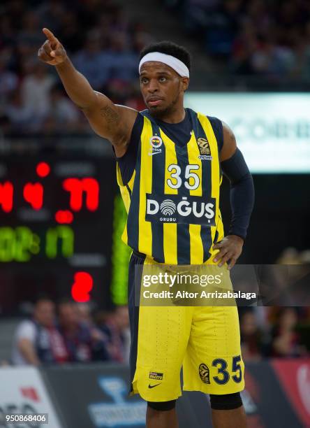 Ali Muhammed, #35 of Fenerbahce Dogus Istanbul reacts during the Turkish Airlines Euroleague Play Offs Game 3 between Kirolbet Baskonia Vitoria...