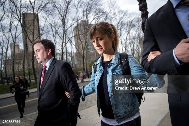 Actress Allison Mack leaves U.S. District Court for the Eastern District of New York after a bail hearing, April 24, 2018 in the Brooklyn borough of...