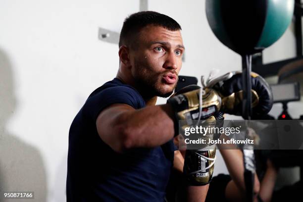 Vasyl Lomachenko works out during a media workout on April 24, 2018 in Oxnard, California.