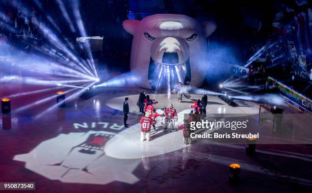 Players of Eisbaeren Berlin enter the ice prior to the DEL Playoff final match 6 between Eisbaeren Berlin and EHC Red Bull Muenchen at Mercedes-Benz...