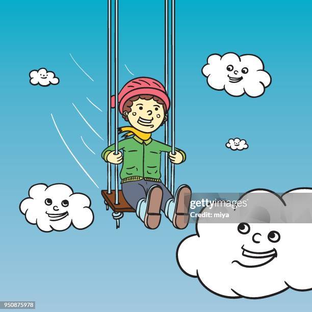 cute little boy swinging sky / illustration vector - secondary school playground stock illustrations