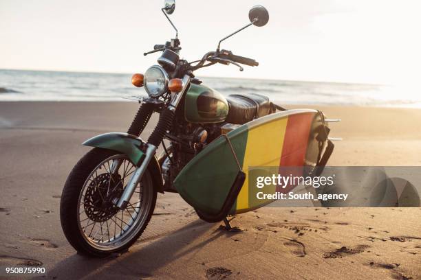 motorcycle on tropical beach - indonesia surfing stock pictures, royalty-free photos & images
