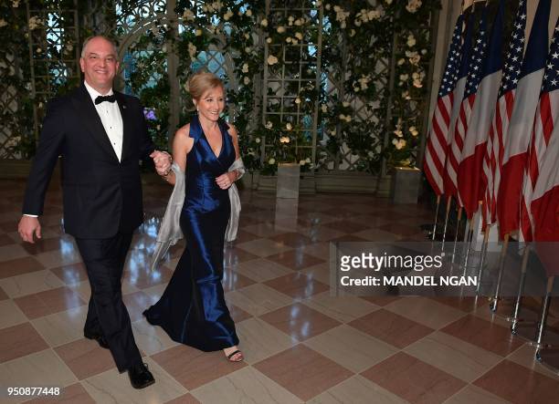 Louisiana state Governor John Bel Edwards arrives in the Booksellers Area of the White House to attend a state dinner honoring French President...