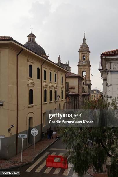 calle 11 overview, clock and bell tower, cathedral, bogota, colombia - calle urbana imagens e fotografias de stock