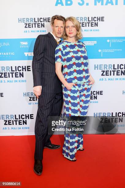 German actor Alexander Scheer and German actress Caroline Peters during the 'Herrliche Zeiten' Premiere In Berlin at Kino International on April 24,...