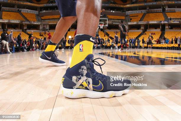 The Sneakers worn by Trevor Booker of the Indiana Pacers are seen during the game in Game Three of Round One of the 2018 against the Cleveland...