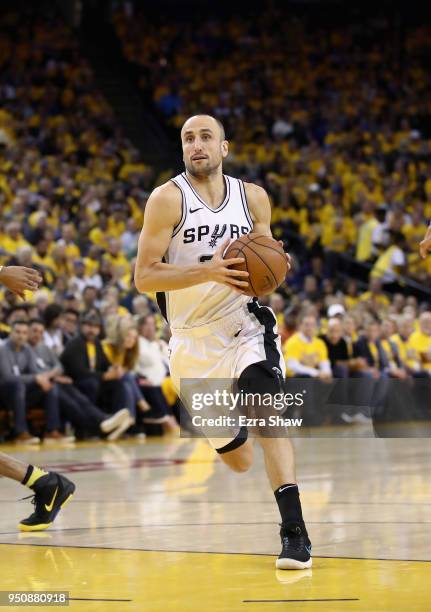 Manu Ginobili of the San Antonio Spurs in action against the Golden State Warriors during Game 2 of Round 1 of the 2018 NBA Playoffs at ORACLE Arena...