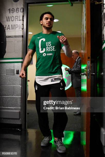 Shane Larkin of the Boston Celtics exits the locker room prior to Game Five of Round One of the 2018 NBA Playoffs against the Milwaukee Bucks on...