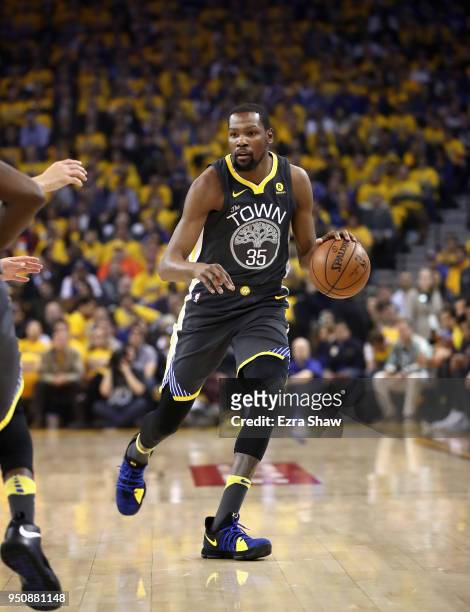 Kevin Durant of the Golden State Warriors in action during their game against the San Antonio Spurs during Game 2 of Round 1 of the 2018 NBA Playoffs...