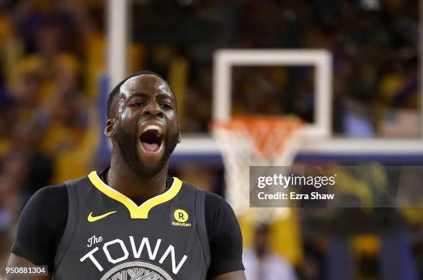 Draymond Green of the Golden State Warriors reacts during their game against the San Antonio Spurs during Game 2 of Round 1 of the 2018 NBA Playoffs...