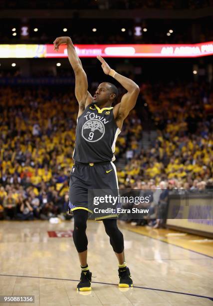 Andre Iguodala of the Golden State Warriors in action against the San Antonio Spurs during Game 2 of Round 1 of the 2018 NBA Playoffs at ORACLE Arena...