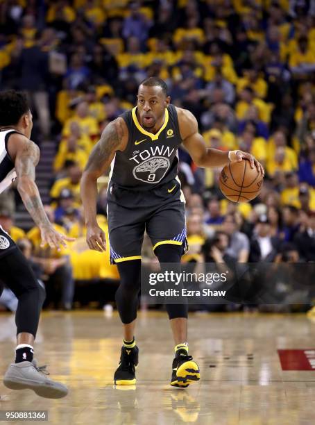 Andre Iguodala of the Golden State Warriors in action against the San Antonio Spurs during Game 2 of Round 1 of the 2018 NBA Playoffs at ORACLE Arena...