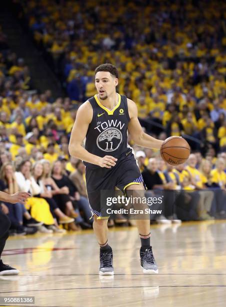 Klay Thompson of the Golden State Warriors in action against the San Antonio Spurs during Game 2 of Round 1 of the 2018 NBA Playoffs at ORACLE Arena...