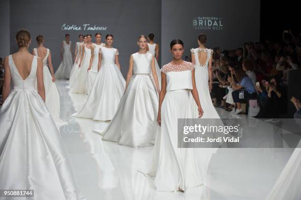 Model walks the runway for the Cristina Tamborero collection during Barcelona Bridal Fashion Week at Fira de Barcelona on April 24, 2018 in...