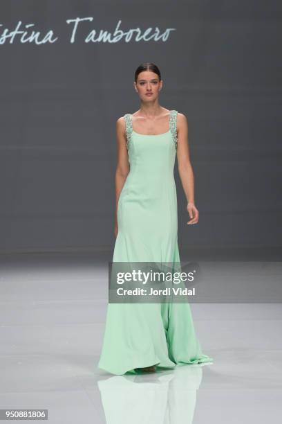 Model walks the runway for the Cristina Tamborero collection during Barcelona Bridal Fashion Week at Fira de Barcelona on April 24, 2018 in...