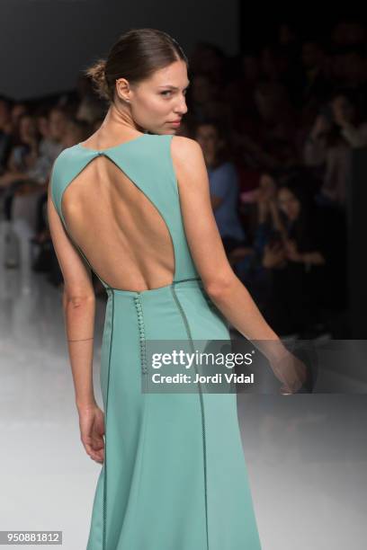 Model walks the runway for the Cristina Tamborero collection during Barcelona Bridal Fashion Week at Fira de Barcelona on April 24, 2018 in...