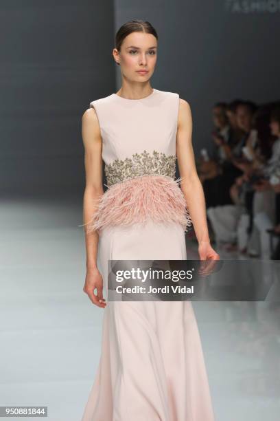 Model walks the runway for the Cristina Tamborero collection during Barcelona Bridal Fashion Week at Fira de Barcelona on April 24, 2018 in...