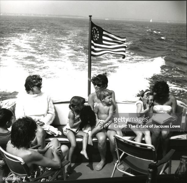 View of sisters Patricia Kennedy Lawford and Jean Kennedy Smith, along with their sister-in-law Ethel Skakel Kennedy, along with several of their...