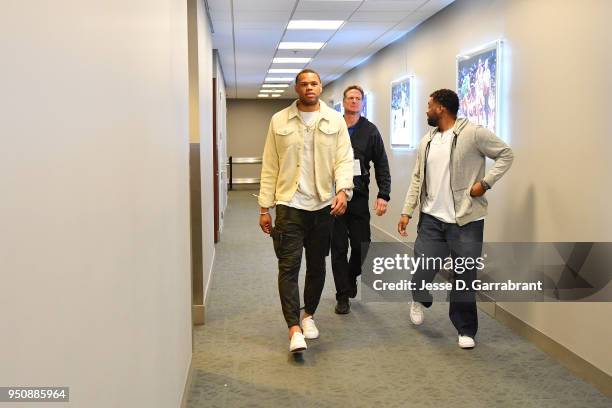 Justin Anderson of the Philadelphia 76ers arrives before the game against the Miami Heat in Game Five of Round One of the 2018 NBA Playoffs on April...