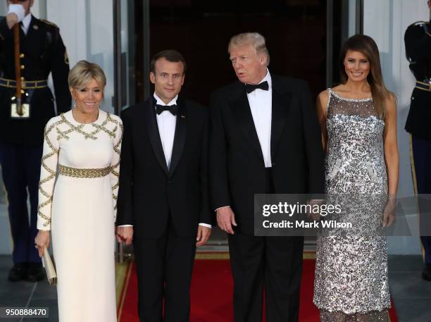 President Donald Trump, and U.S. First lady Melania welcome French President Emmanuel Macron, French first lady Brigitte Macron after their arrival...