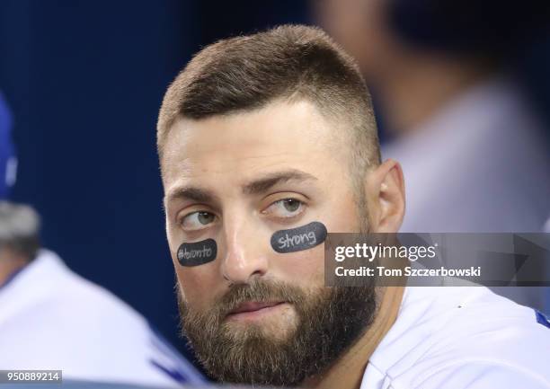 Kevin Pillar of the Toronto Blue Jays wears eyeblack with the message Toronto Strong the day after an attack that killed ten people during MLB game...