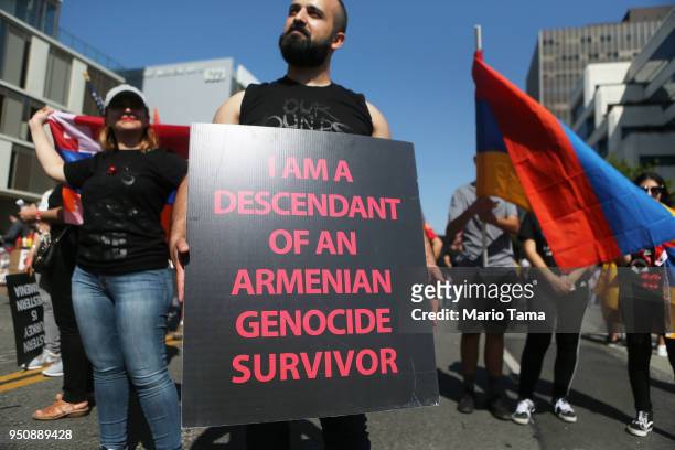 Demonstrators rally outside the Turkish Consulate commemorating the 103rd anniversary of the Armenian genocide on April 24, 2018 in Los Angeles,...