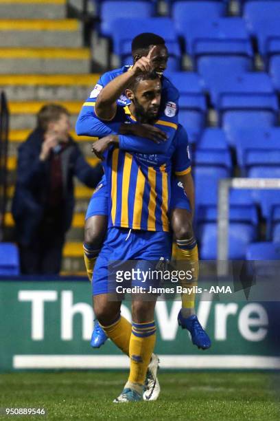 Stefan Payne of Shrewsbury Town celebrates after scoring a goal to make it 2-1 during the Sky Bet League One match between Shrewsbury Town and...