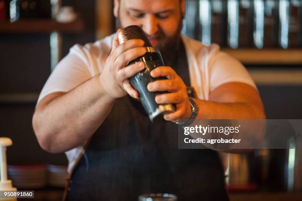 portrait of bartender using cocktail shaker at bar - cocktail shaker stock pictures, royalty-free photos & images