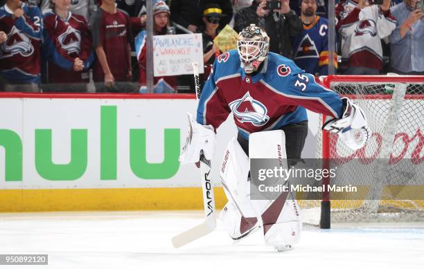 Goaltender Andrew Hammond of the Colorado Avalanche skates prior to the game against the Nashville Predators in Game Six of the Western Conference...