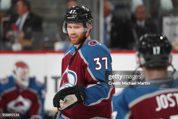 Compher of the Colorado Avalanche skates prior to the game against the Nashville Predators in Game Six of the Western Conference First Round during...