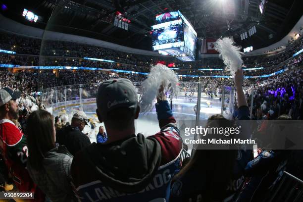 Fans of the Colorado Avalanche cheer prior to the game against the Nashville Predators in Game Six of the Western Conference First Round during the...