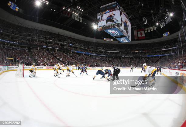 The Colorado Avalanche face-off against the Nashville Predators in Game Six of the Western Conference First Round during the 2018 NHL Stanley Cup...