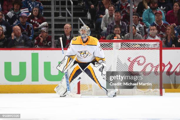 Goaltender Pekka Rinne of the Nashville Predators stands ready against the Colorado Avalanche in Game Six of the Western Conference First Round...