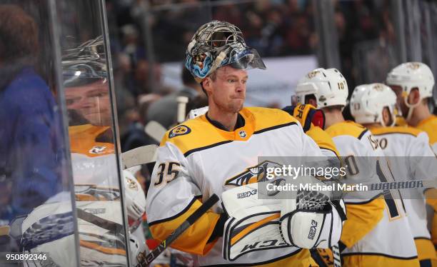 Goaltender Pekka Rinne of the Nashville Predators looks on during a pause in play against the Colorado Avalanche in Game Six of the Western...