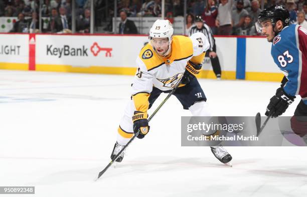Calle Jarnkrok of the Nashville Predators waits for a face-off against the Colorado Avalanche in Game Six of the Western Conference First Round...