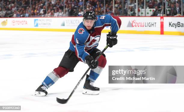 Tyson Barrie of the Colorado Avalanche skates against the Nashville Predators in Game Six of the Western Conference First Round during the 2018 NHL...