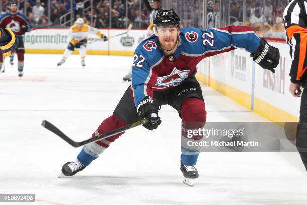 Colin Wilson of the Colorado Avalanche skates against the Nashville Predators in Game Six of the Western Conference First Round during the 2018 NHL...