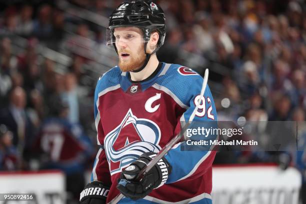 Gabriel Landeskog of the Colorado Avalanche skates against the Nashville Predators in Game Six of the Western Conference First Round during the 2018...