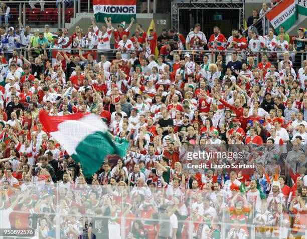 The supporters of Hungary celebrate the victory over Italy during the 2018 IIHF Ice Hockey World Championship Division I Group A match between Italy...