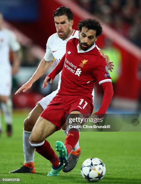 Mohamed Salah of Liverpool moves away from Kevin Strootman of AS Roma during the UEFA Champions League Semi Final First Leg match between Liverpool...