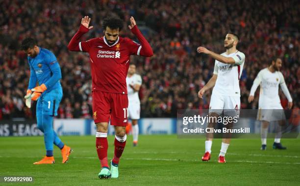 Mohamed Salah of Liverpool celebrates scoring his second goal during the UEFA Champions League Semi Final First Leg match between Liverpool and A.S....
